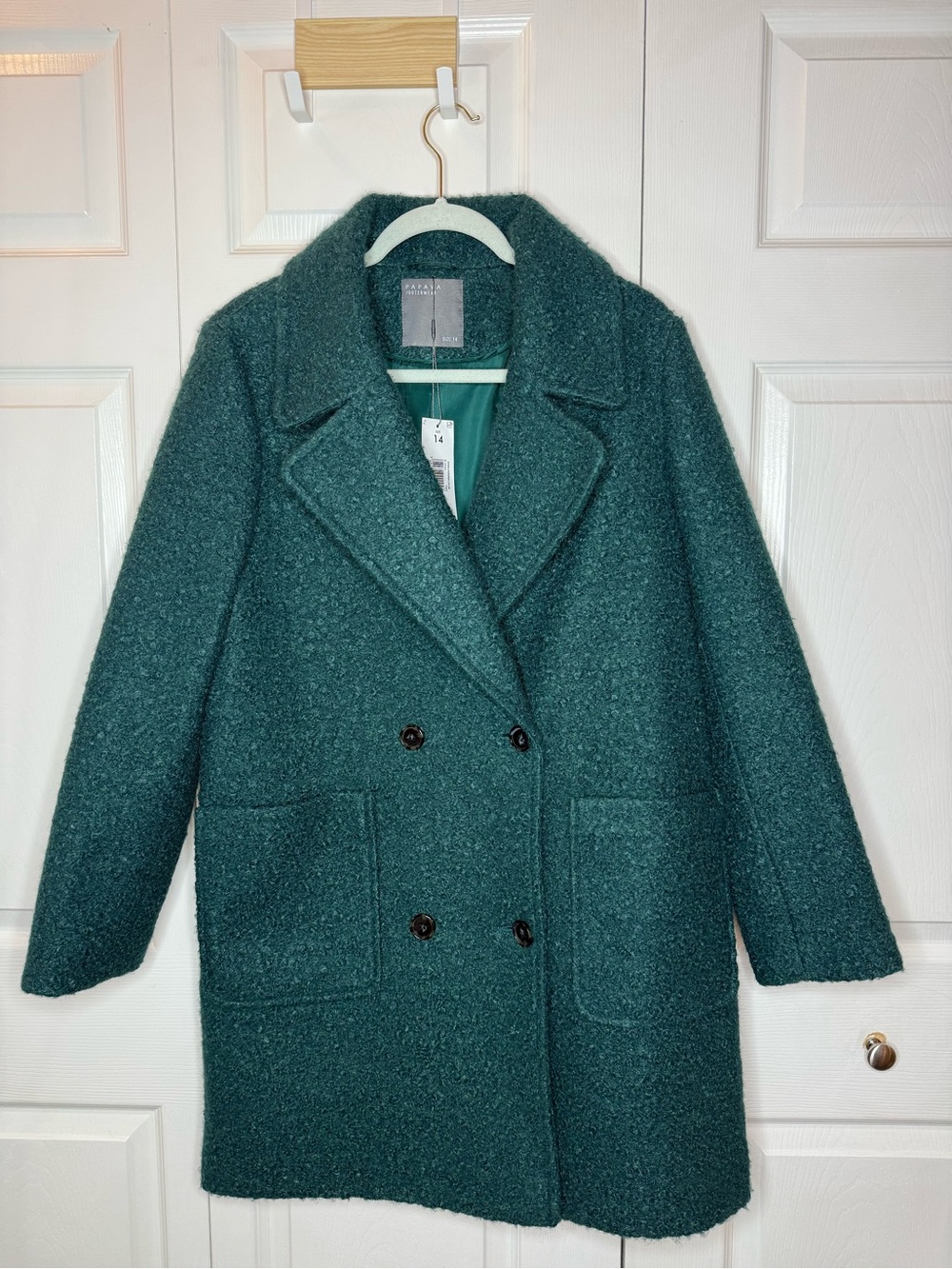 Papaya Teal Bouclé Double-Breasted Pea Coat